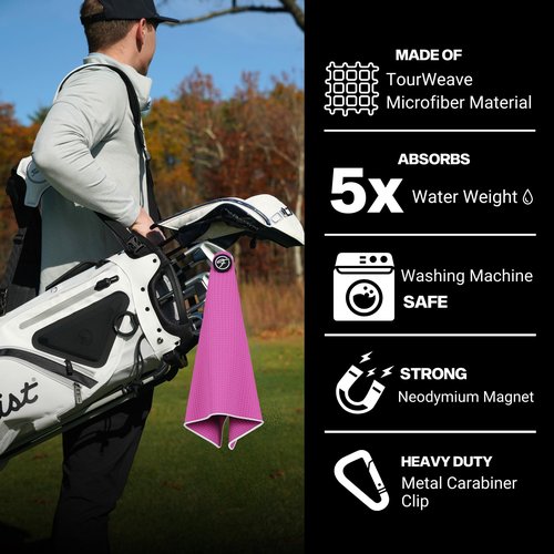 Magnetic Golf Towel with Clip – 24"x16" Premium Microfiber Golf Towels for Golf Bags, Cart or Club – Large Magnet Golf Rag & Accessories – Gift for Men, Dad, Women, Golfers (Pink)