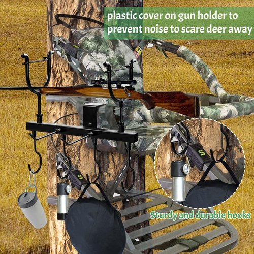 Metal Tree Stand Gun Holder, Rustproof Tree Stand Gun Rest with 6 Organize Hooks Treestand Rifle Holder Hunting Equipment Treestands Accessories for Climbing Stand Men Hunting Gift, Easy Clamps On