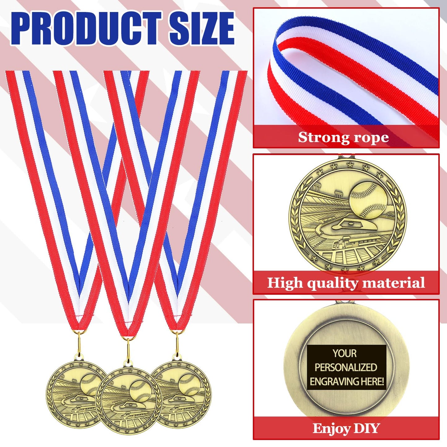 Equsion 36 Pcs 2'' Gold Medals Bulk Volleyball Football Basketball Soccer Baseball Archery Dink Ball Cheer Track Bowling Awards Medals with Ribbons for Sports Participation Winner Gift(Baseball)