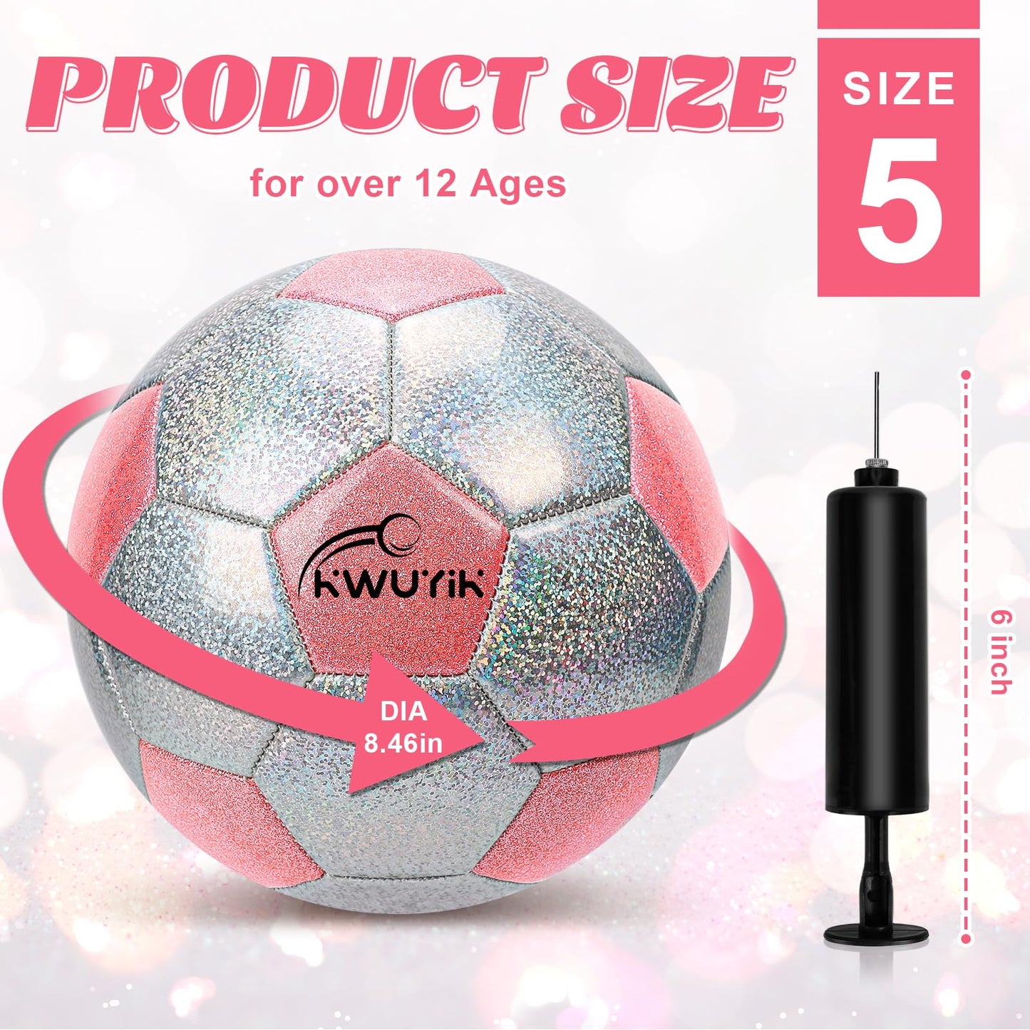 OKWUYiK Soccer Ball Size 5 Glitter Pink & Silver Spliced with Pump Toddler Soccer Ball for Kids Aged 8-12 Outdoor Training Ball for Girls Boys Children Youth Teens(Pink & Silver Spliced, 5)