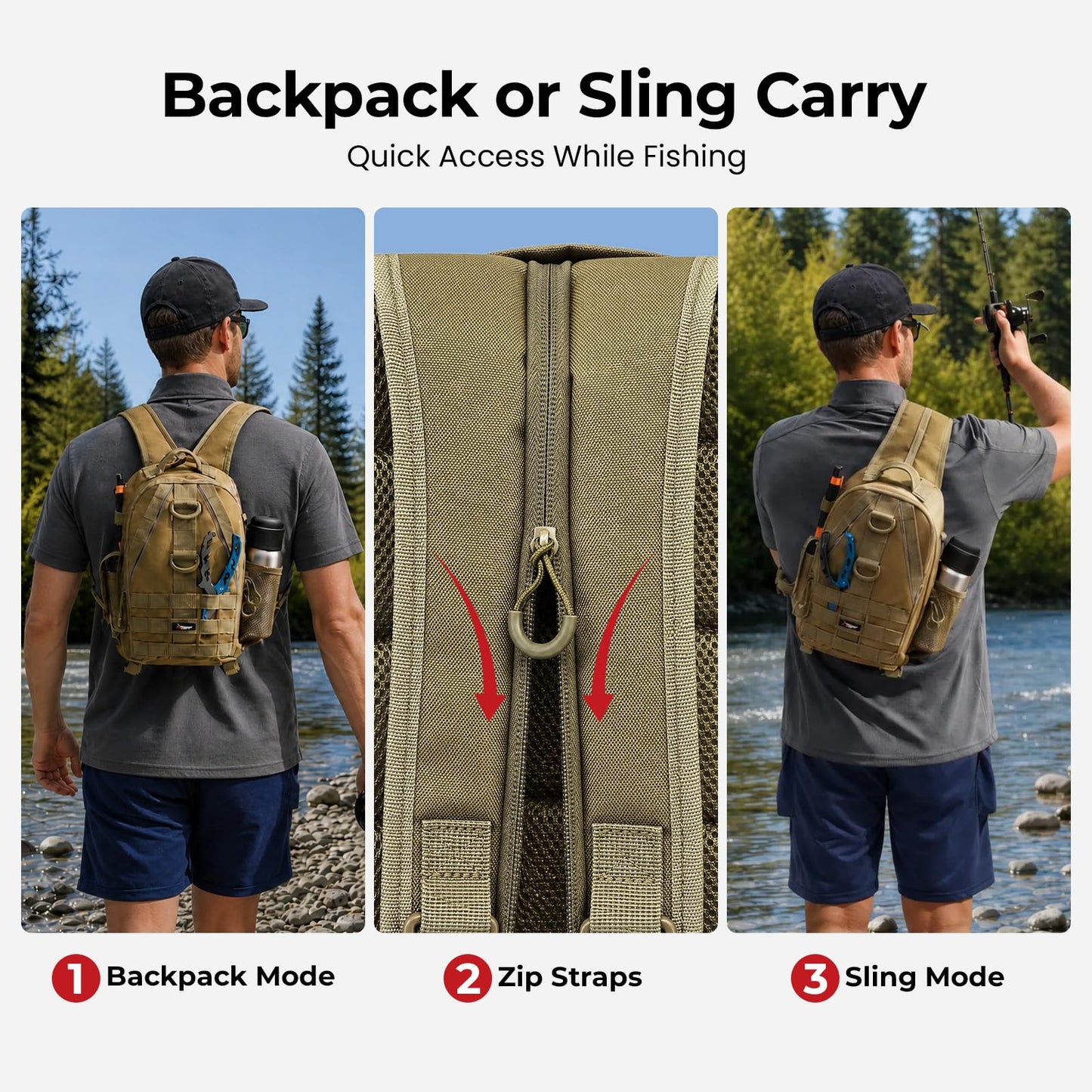 Piscifun Fishing Backpack with Rod Holder, Lightweight Sling Bag Storge Gear and Equipment, Khaki, Latch, Standard