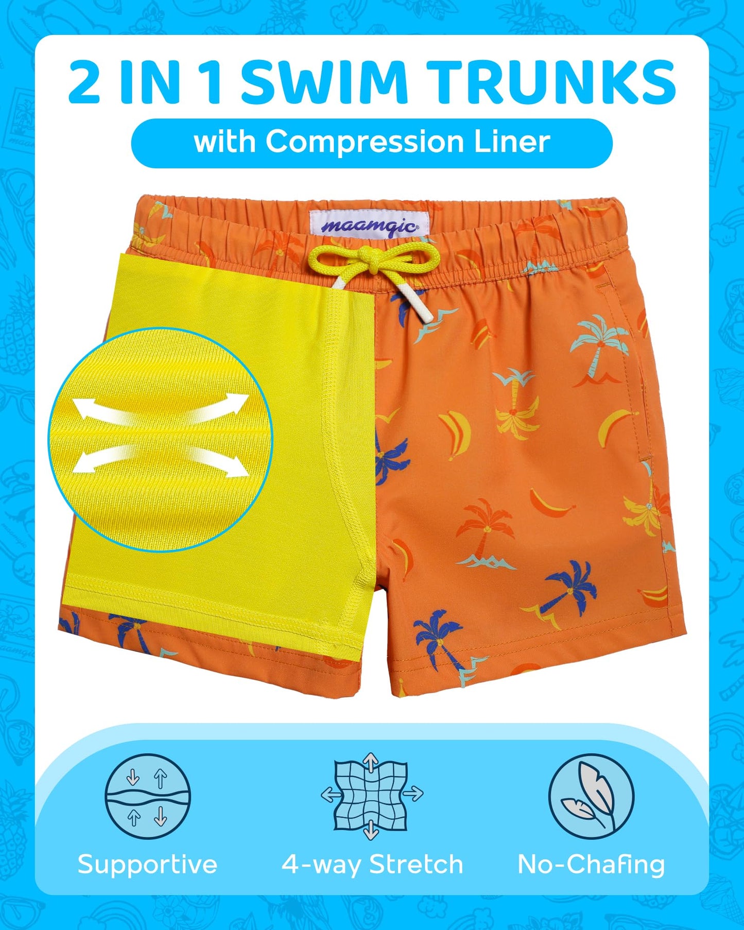 maamgic Boys Swim Trunks with Compression Liner 4-Way Stretch Quick Dry Swim Shorts Swimming Trunks Toddler Boy Coconut Orange 5-6 Years