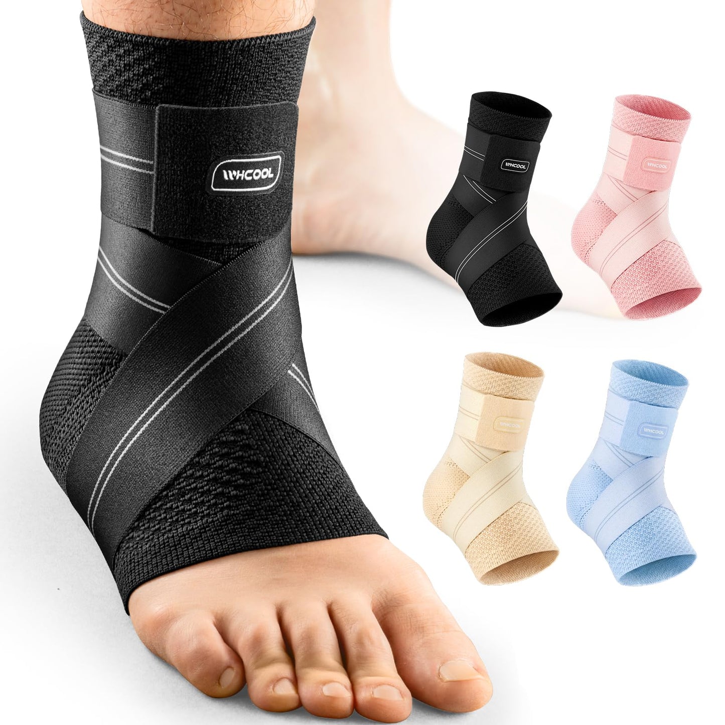WHCOOL Flat Knitting Ankle Brace For Women&Men, 7-Zone Dynamic Compression Sleeve w/Flex Strap,Foot Support For Sports, Sprained Ankle, Achilles Tendonitis, Plantar Fasciitis Relief(Pack of1)L, Black