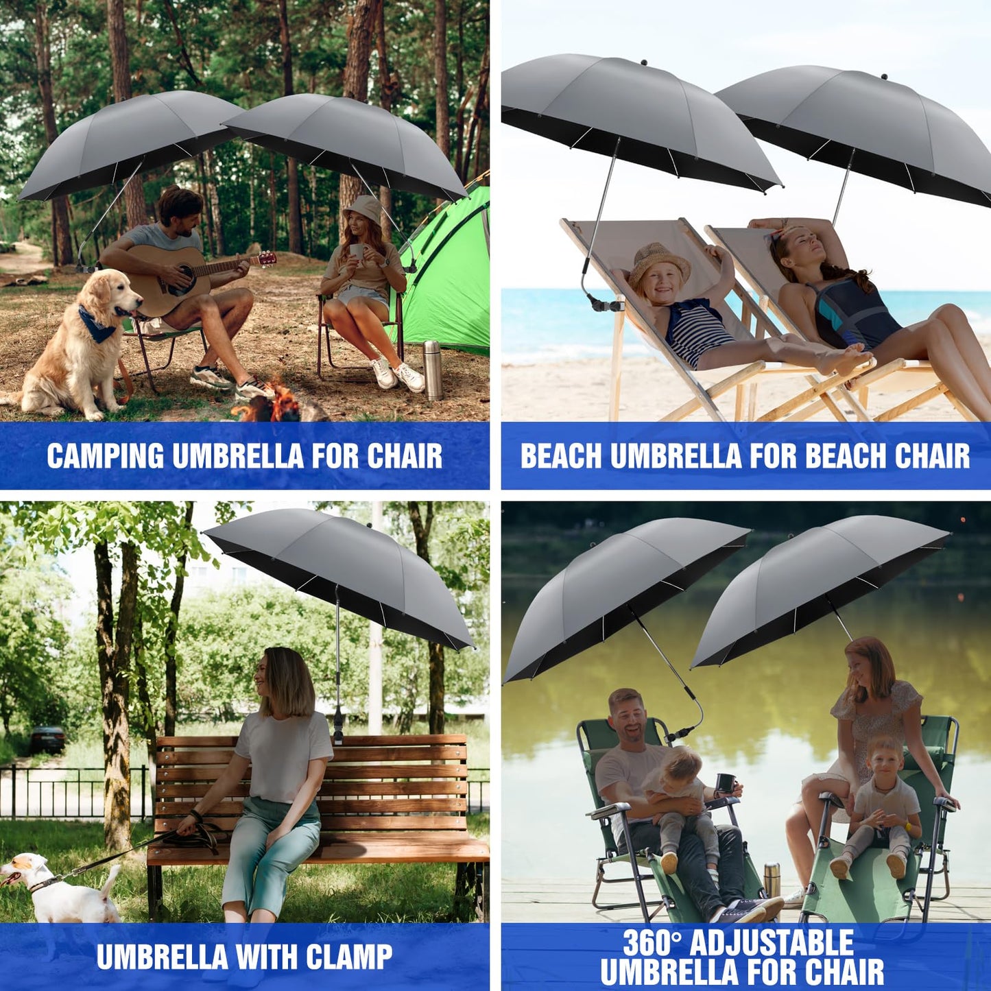 NBtoUS 2 PACK Chair Umbrella with Clamp, 360 ° Adjustable, UPF50+ Sunshade for Beach Chair, Patio Chair, Camping Chair, Golf Carts（Grey, Chair Not Included