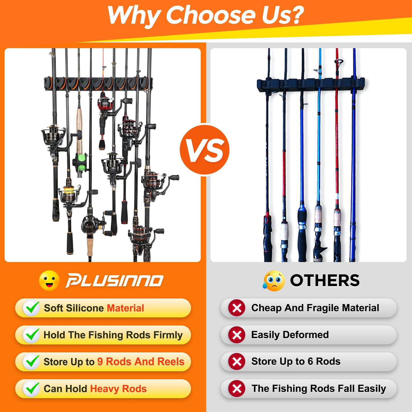 PLUSINNO V9 Vertical Fishing Rod Holders, Wall Mount 4-Pack - Holds 36 Rods, Diameter 3-19mm