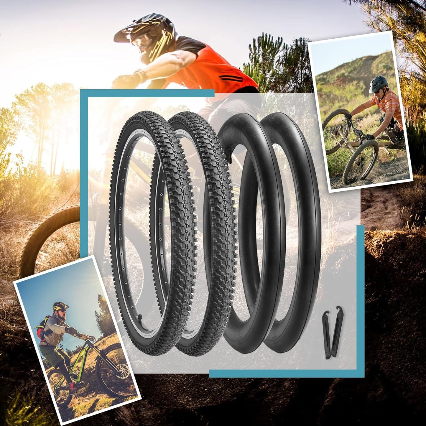 Hycline 2-Pack Mountain Bike Tires Set: 20/24/26/27.5-inch Folding Replacement Puncture-Resistant Bicycle Tires and Pair 20/24/26/27.5-inch Inner Tubes with Tire Levers for MTB Off-Road Bike