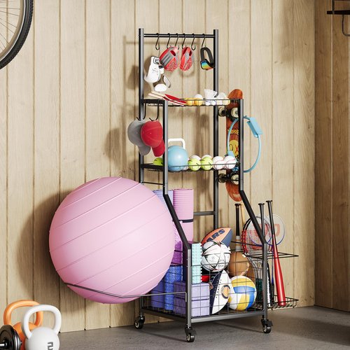 Sports Equipment Organizer for Garage - LALA IKAI Compact Mobile Gym Storage Rack with Locking Wheels & Multi-Purpose Hooks for Sports Gear, Fitness Accessories, Nerf Gun, Balls & Foam Rollers