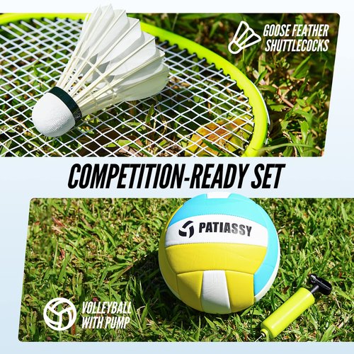 Patiassy 32ft, 26ft and 20ft Width and Height Adjustable Volleyball and Badminton Combo Set with Net, Winch System, 4 Badminton Rackets, 2 Goose Feather Shuttlecocks and Volleyball for Backyards
