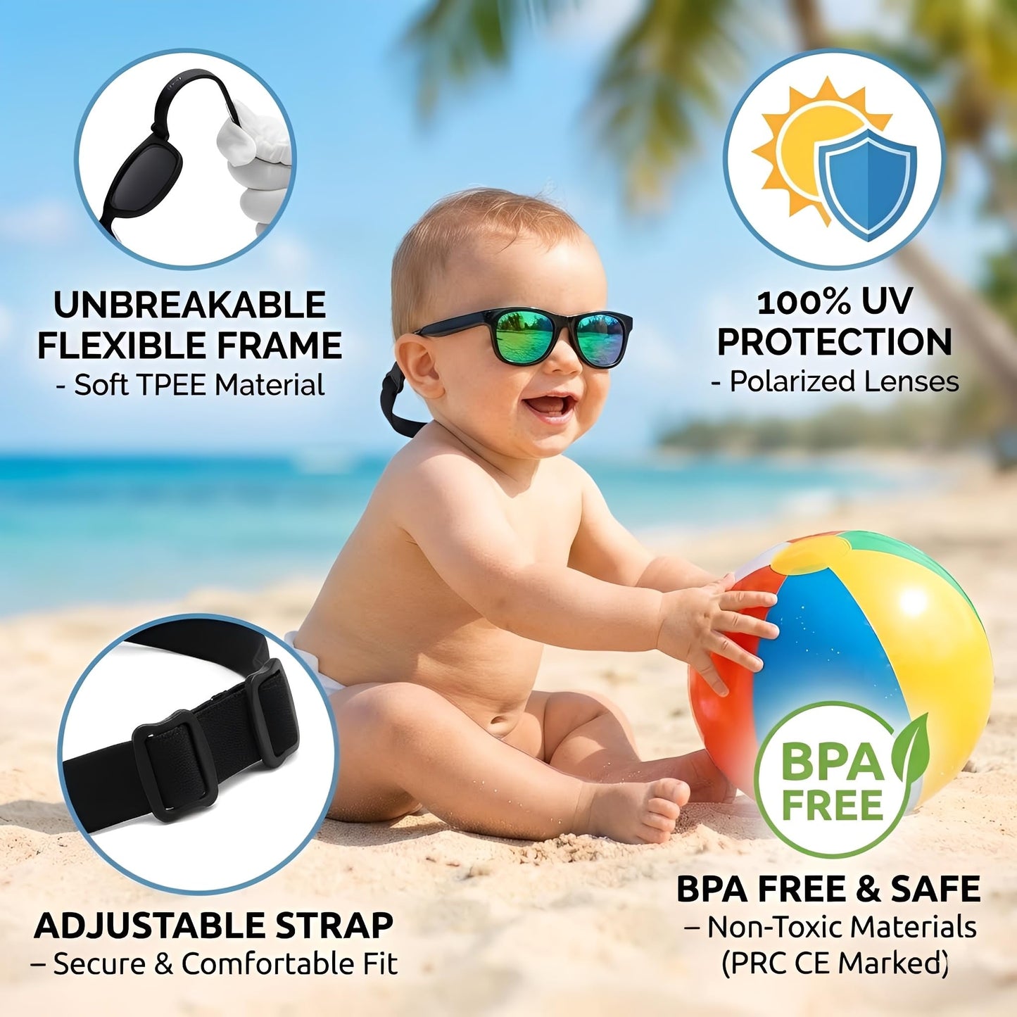 GLARDEFE Polarized Baby Sunglasses with Strap - Unbreakable Infant Sunglasses for Newborn Toddler Boys Girls Age 0-12 Months(Black/Green Mirror + Black/Grey + Black/Blue Mirror)