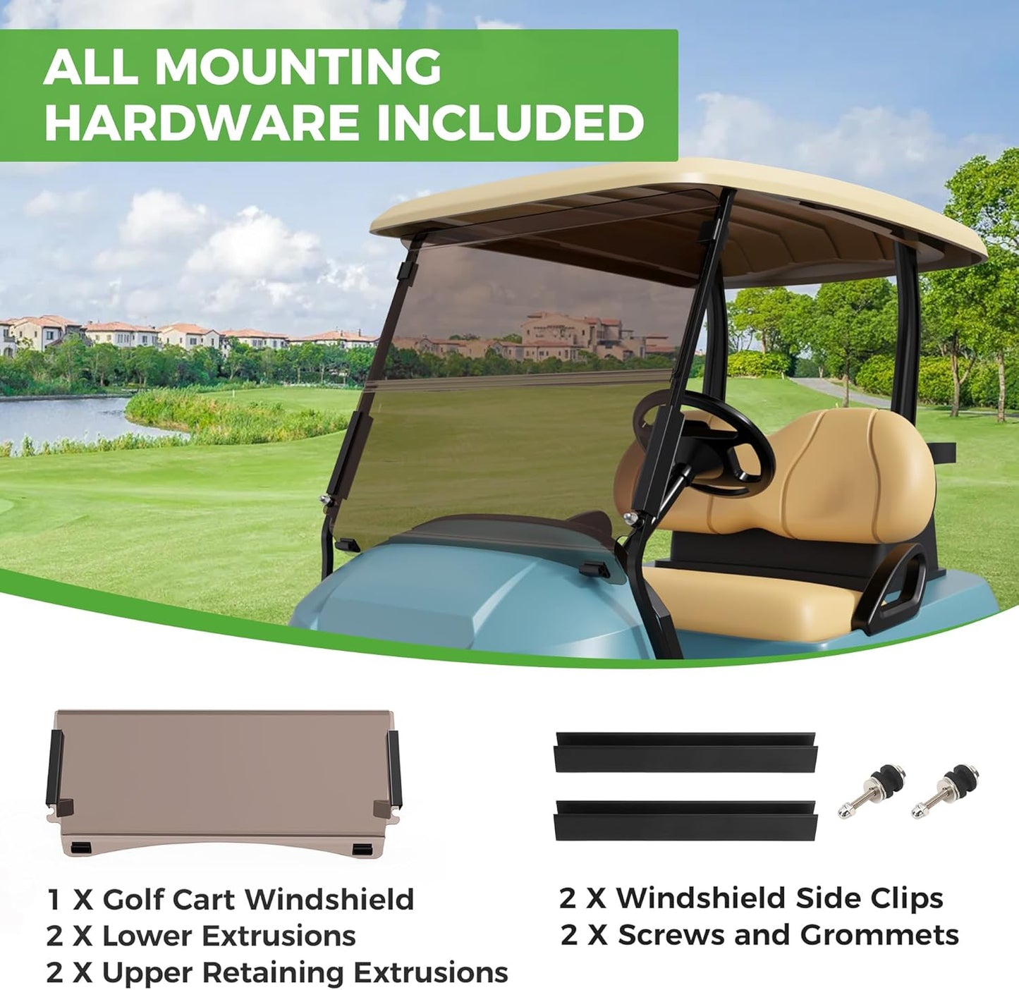 10L0L Golf Cart Windshield for Club Car Precedent 2004-Up, Tempo, 2017-Up Onward, Clear/Tinted Fold Down Club Car Windshield Anti-UV Impact Resistant - 37.5"W X 33.6"H