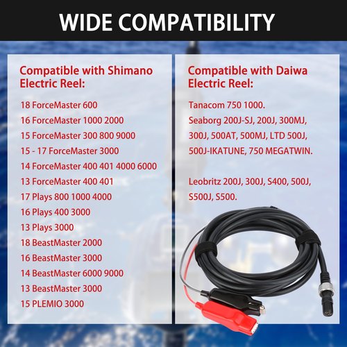 Electric Fishing Reel Power Cord - 10Ft Battery Connection Cable Fits for Daiwa Tanacom 1000 750 500, Seaborg 500MJ, Shimano, BeastMaster, Leobritz, ForceMaster