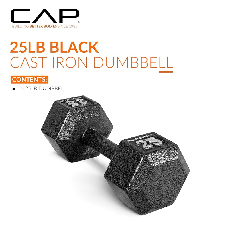 25 lb Cast Iron Hex Dumbbell - Single, Anti-Roll Corner, Cap Brand