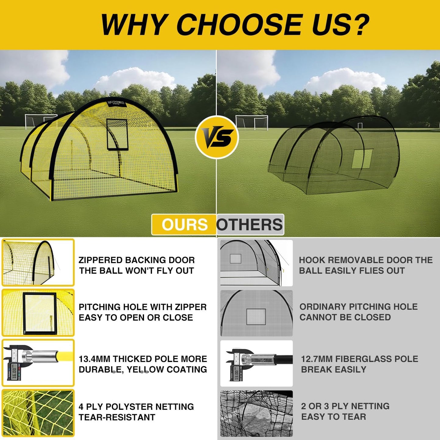 22ft x 12ft x 8ft Baseball Batting Cage Net with Pitching Machine Hole, Portable Batting Cages for Backyard, 4ply Yellow Netting, Zippered Backing Door