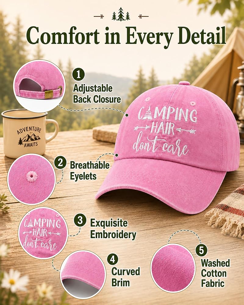 Women's Pink Embroidered Camping Hair Don't Care Adjustable Baseball Cap