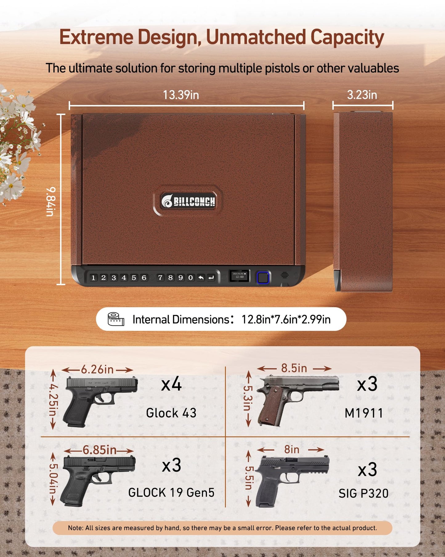 BILLCONCH Smart Gun Safe with Security Cable - Biometric Gun Safe for Handgun 4 Ways Quick Access with Fingerprint/Keypad/Key/APP Lock for Bedside Home Car with LCD/Voice Guide - Brown