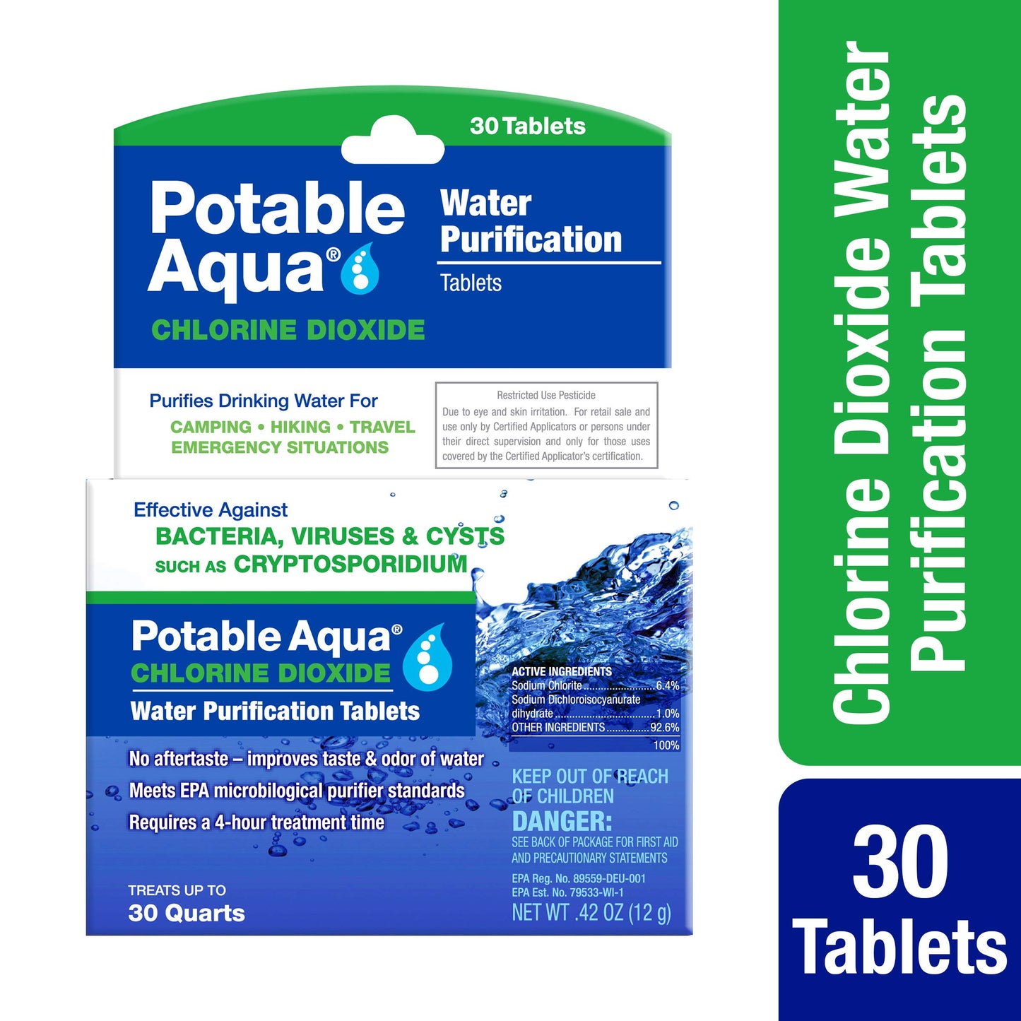 potable aqua Chlorine Dioxide Water Purification Tablets - 30 Count, Blue, (3093)