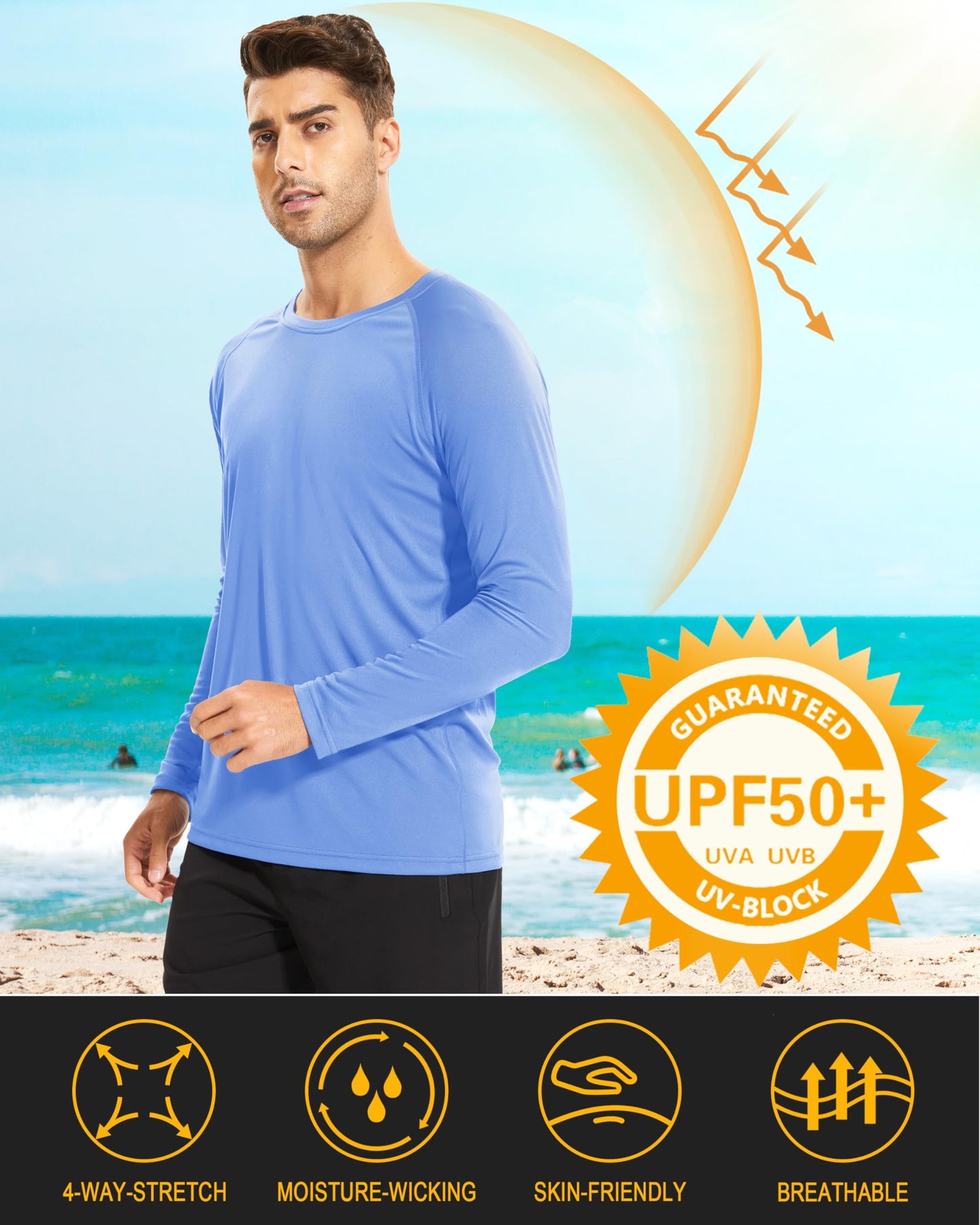 Sun Protection Shirts for Men Hiking T-Shirt Long Sleeve Quick Dry Shirts for Men UV Protection Shirts UPF 50 T-Shirt UV Shirts Light Blue
