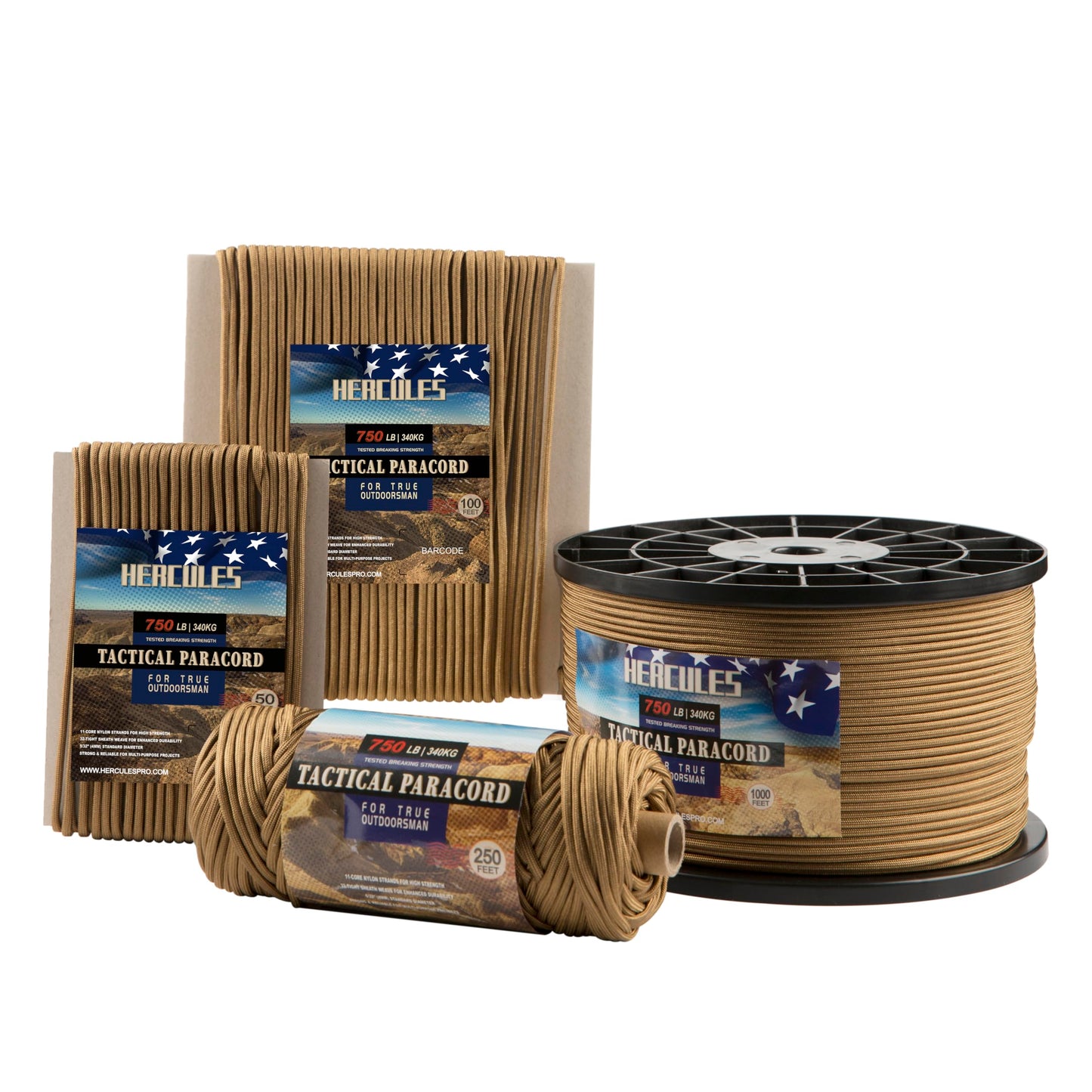 HERCULES 750lb Paracord 4mm 11 Strands Tactical Parachute Cord, 50' 100' 250' 1000' Utility Rope for Camping, Survival, Outdoor Gear (Coyote, 50FT)