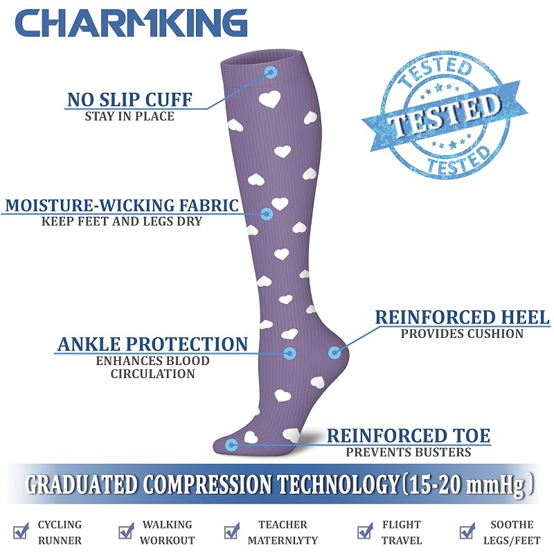 CHARMKING 8 Pairs Compression Socks 15-20 mmHg for Men & Women – Calf Support (Variation: 44 Black/Purple/Purple/Purple/Purple+Large-X-Large)