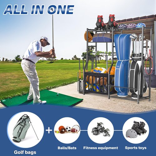 organizelink Garage Sports Equipment Organizer, Strong Load Bearing Golf Bag Organizer, Multi Use Golf Ball Rack Basketball Rack For Sports Gear and Outdoor Toy Ball Storage