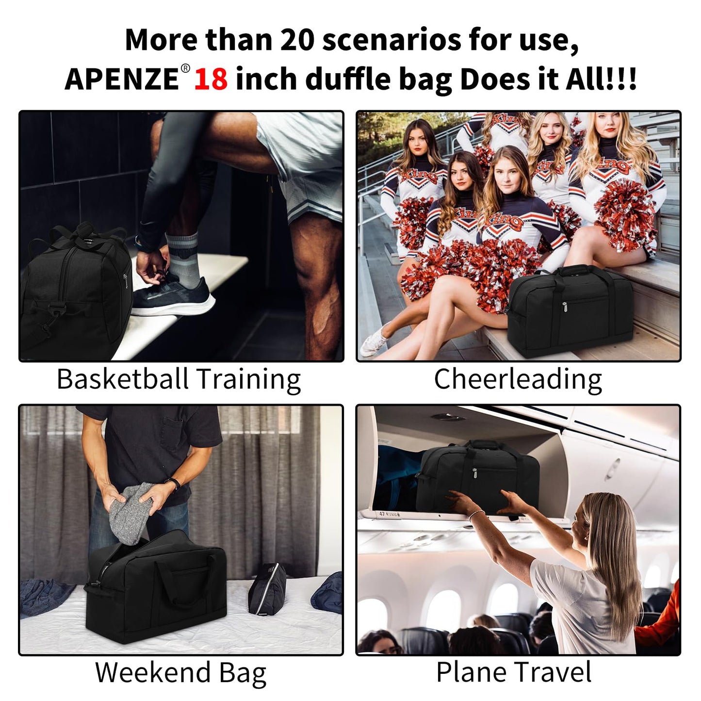 Apenze Small Gym Bag 18 inch Carry On Duffel Bag for Weekender Travel - Black