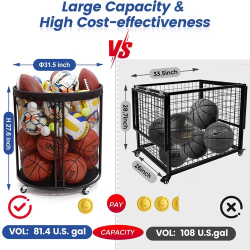 Ball Cart, 82 U.S. GALS Ball Bin, Rolling Basketball Storage Bin with Wheels for Garage, School, Ball Club, Indoor, Outdoor, Mesh Ball Organizer Garage (XXL)