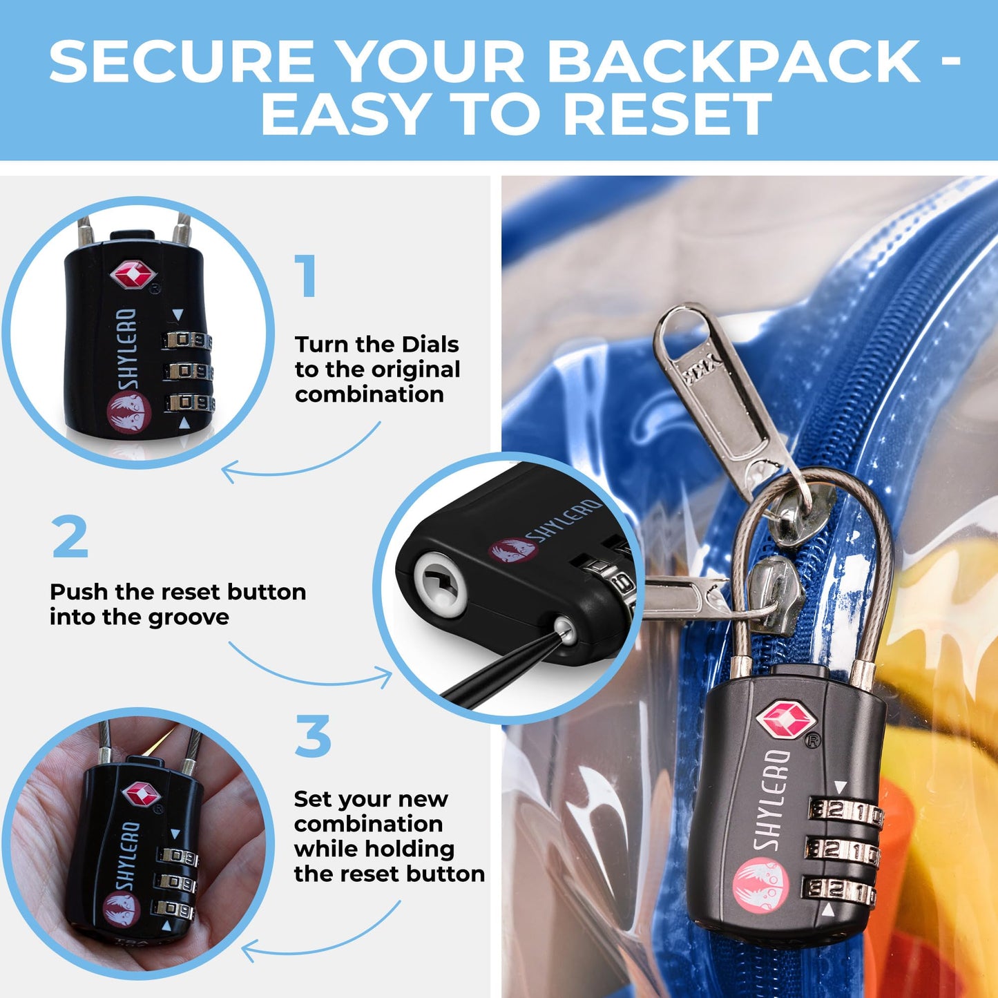 SHYLERO Clear Backpack Heavy Duty has TSA Lock, 2-WAY Zipper. PVC Transparent Backpack Is Extra Large - H18''xW14''xD8 - Blue