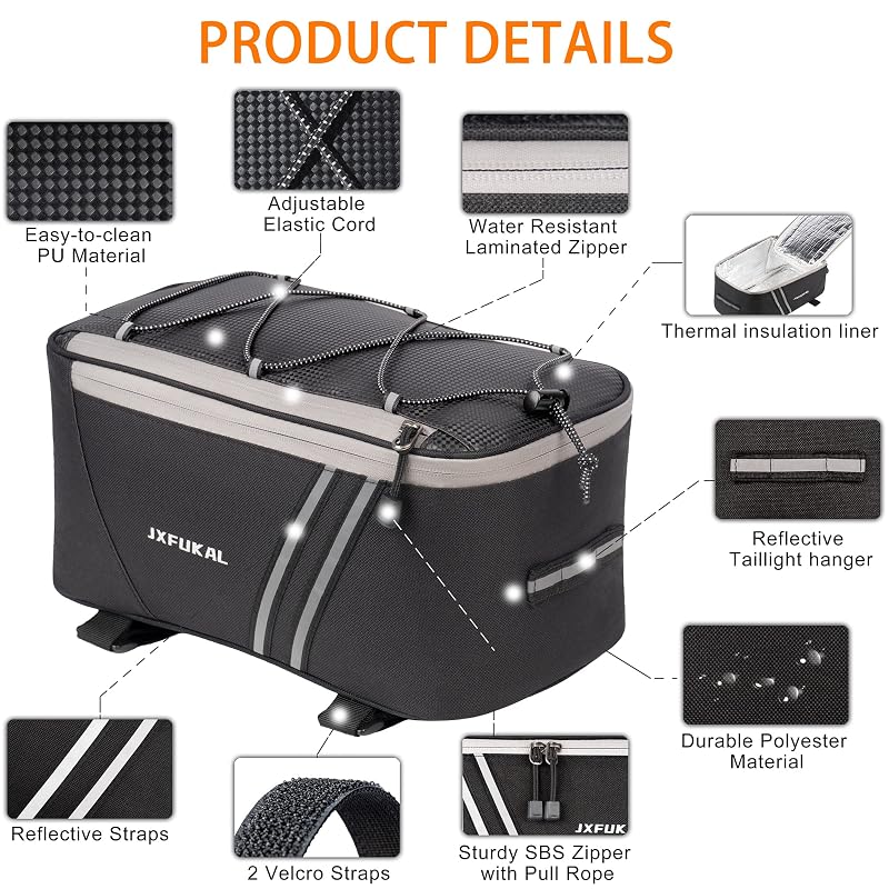 Insulated 9L Rear Bike Rack Bag with Rain Cover - 9L Capacity, 12.6 x 6.7 x 6.3in, Includes Top Pocket & Reflective Strips
