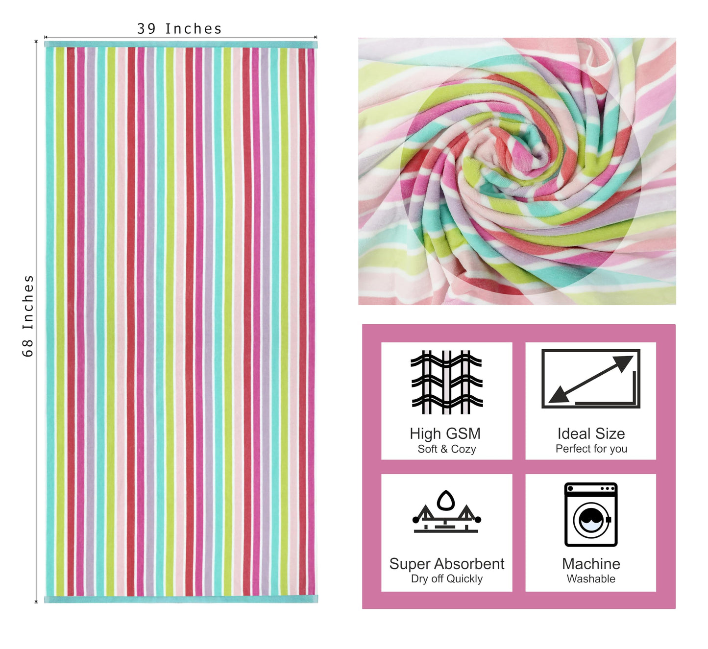 COTTON CRAFT Oversized Beach Towel - 2 Pack XL 39 x 68 inches Big & Huge Beach Blanket Towel - 100% Cotton Dobby Terry Velour Stripe - Super Soft Luxury - Pool Picnic Bath - Pink Multi
