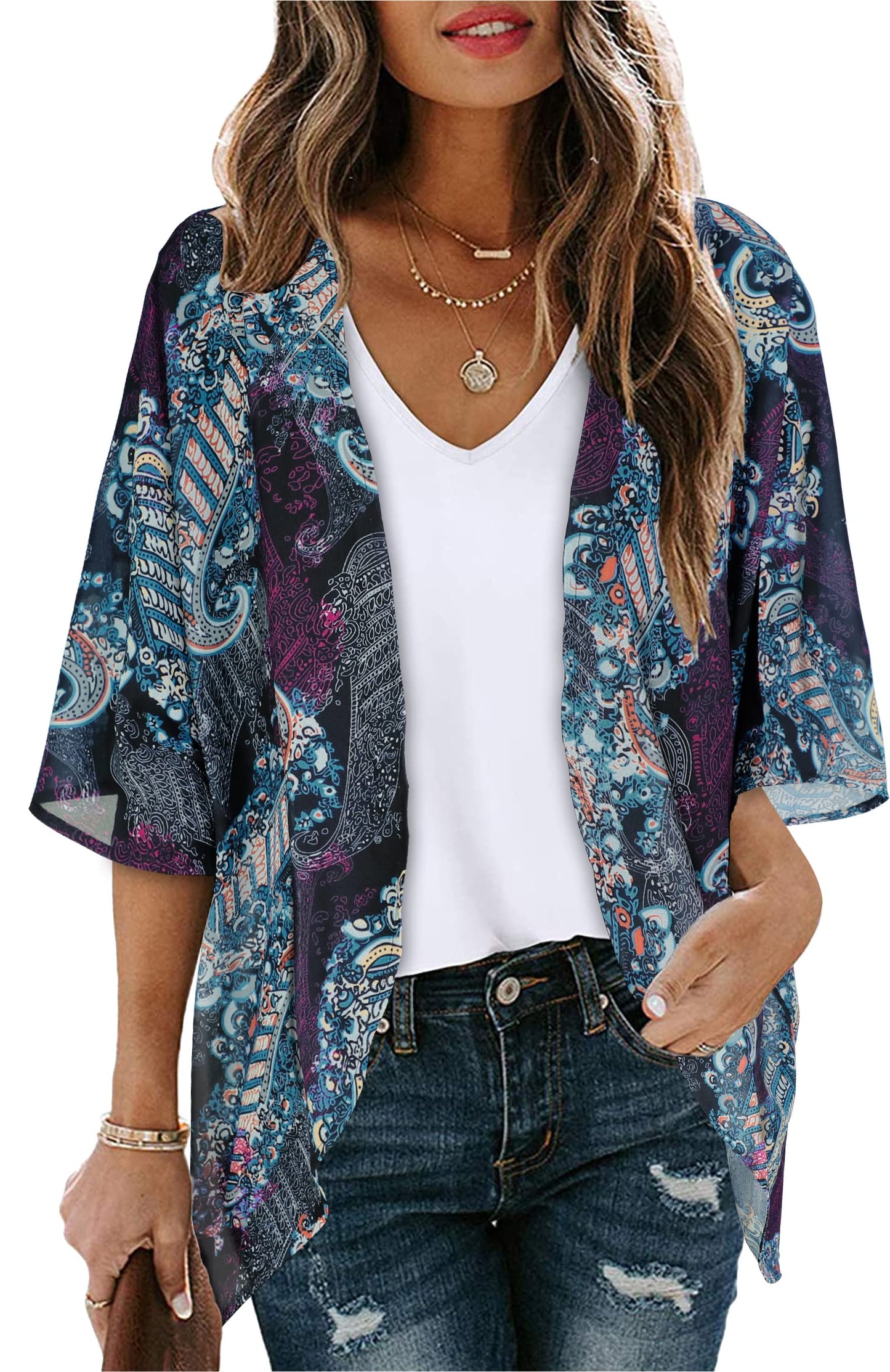 Summer Kimono Cardigan for Women Sheer Light Tops Casual Open Front Swimwear Shirts Beach Cover ups (Boho Purple,4XL)