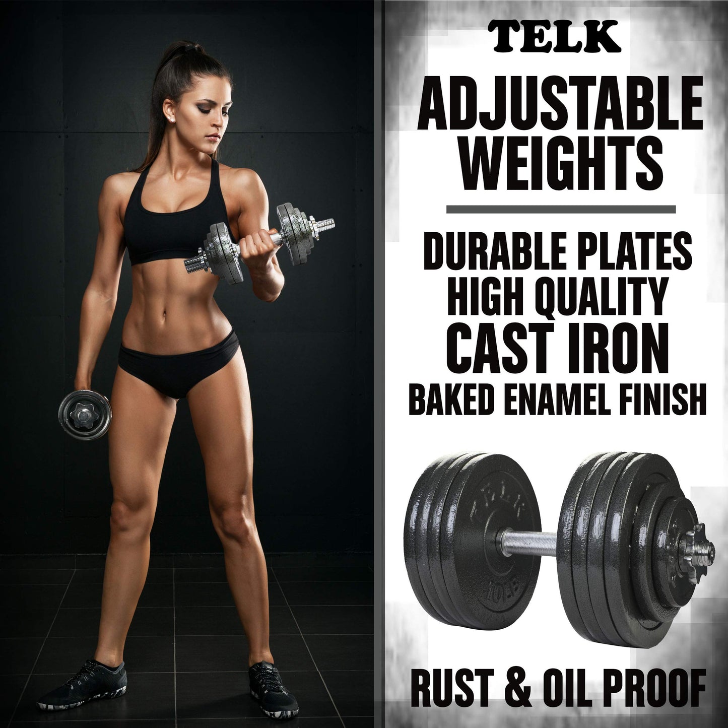 TELK – Adjustable Dumbbell Set 200 (100lb x 2) – Home Gym Weight Set with Baked Enamel Cast Iron Plates – Space-Saving Free Weights for Strength Training