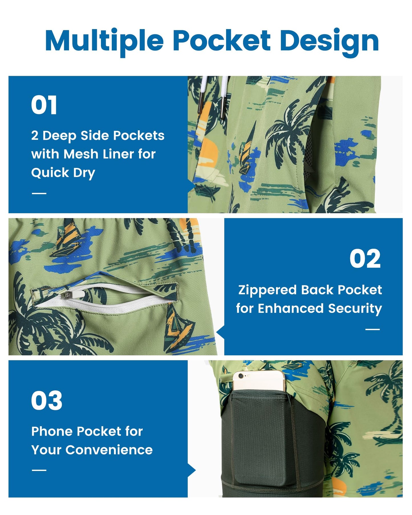 maamgic Mens Swim Trunks with Compression Liner 7 Inch Inseam Mens Bathing Suit Quick Dry Swimming Trunks Swimsuit Plamtree Green X-Large