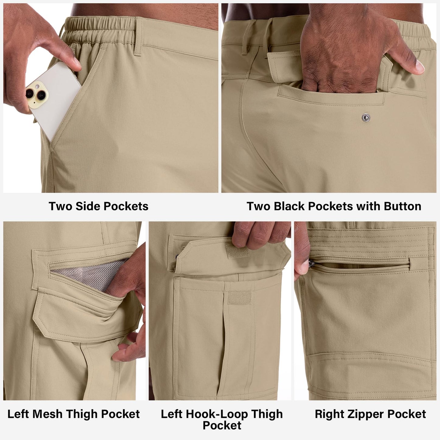 Jessie Kidden Mens Outdoor Casual Expandable Waist Lightweight Water Resistant Quick Dry Fishing Hiking Shorts (6222 Khaki 10inch 29)
