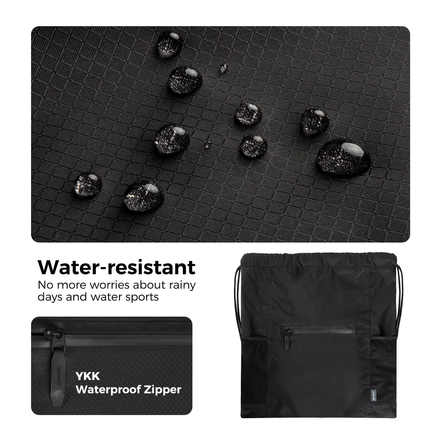 pack all Drawstring Bag Backpack, Water-Resistant Sports Gym Sack Bag, Lightweight Training String Bag with Waterproof Zipper Pocket and Water Bottle Holder(Black)