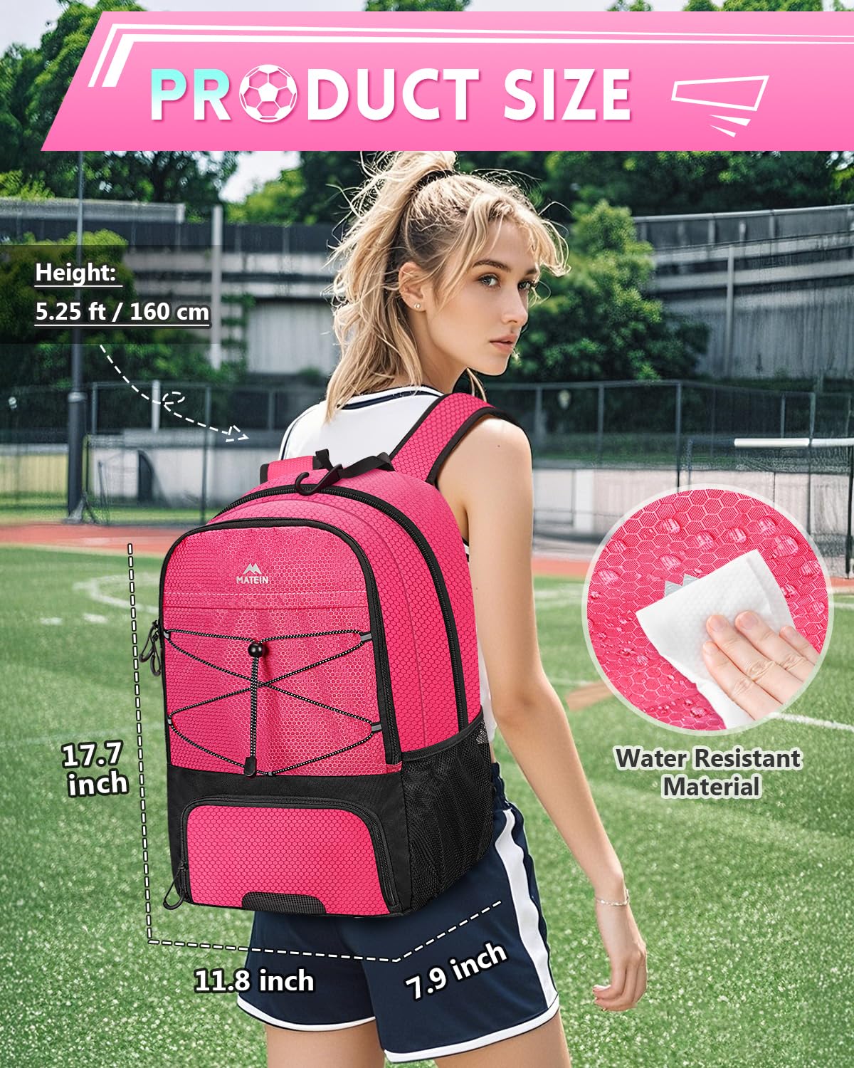 MATEIN Girls Soccer Backpack, Large Basketball Bag with Ball Holder & Shoe Compartment for Tournament & Game Day, Lightweight Youth Sports Bag with Fence Hook Fits 15.6 Inch Laptop, Soccer Team Gifts