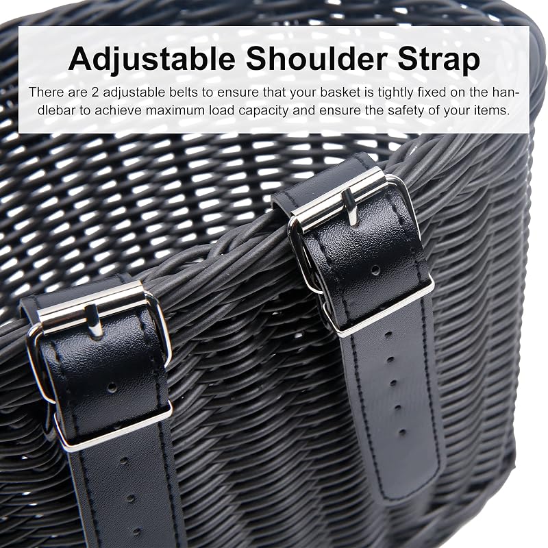 Front-Handlebar Woven Bike Basket with 2 Adjustable Leather Straps - Black&Kids Variation