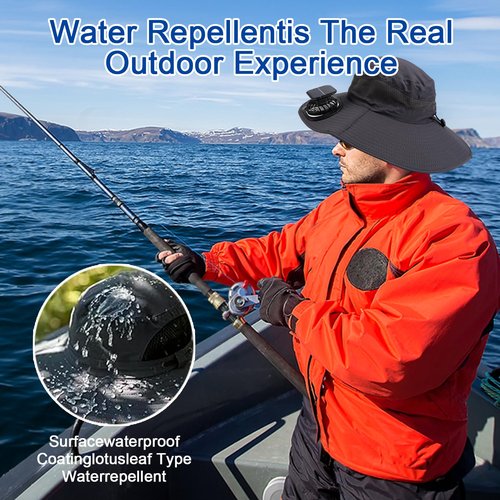 UPF 50+ Outdoor Wide Brim Sun Hat with Built-in Solar Fan - Ideal Fishing & Beach Bucket Hat for Men and Women Black