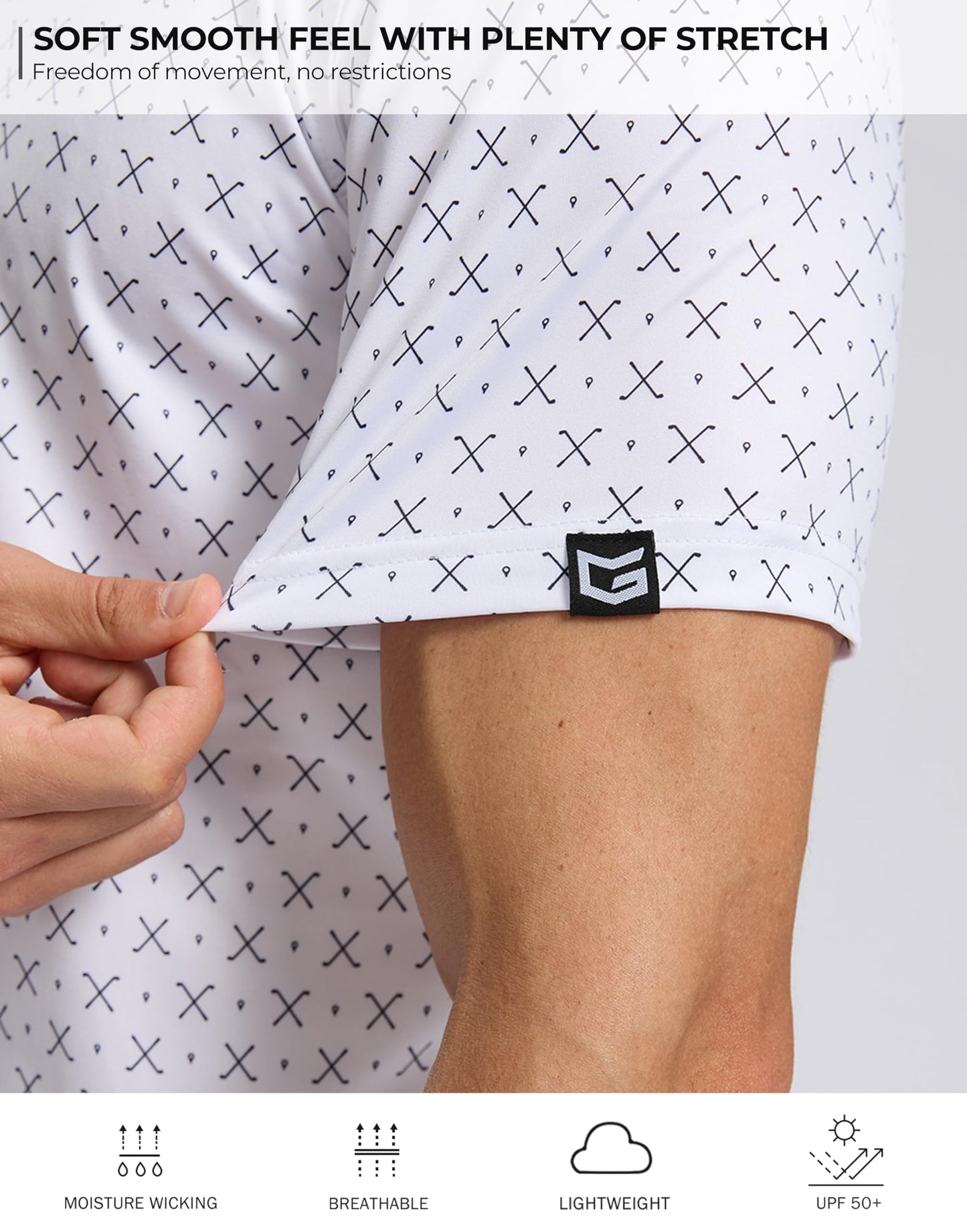 Men's Golf Shirt Short Sleeve Dry Fit Polo Moisture Wicking Print Collared Golf Shirts for Men Casual Lightweight(Golf Clubs White,L)