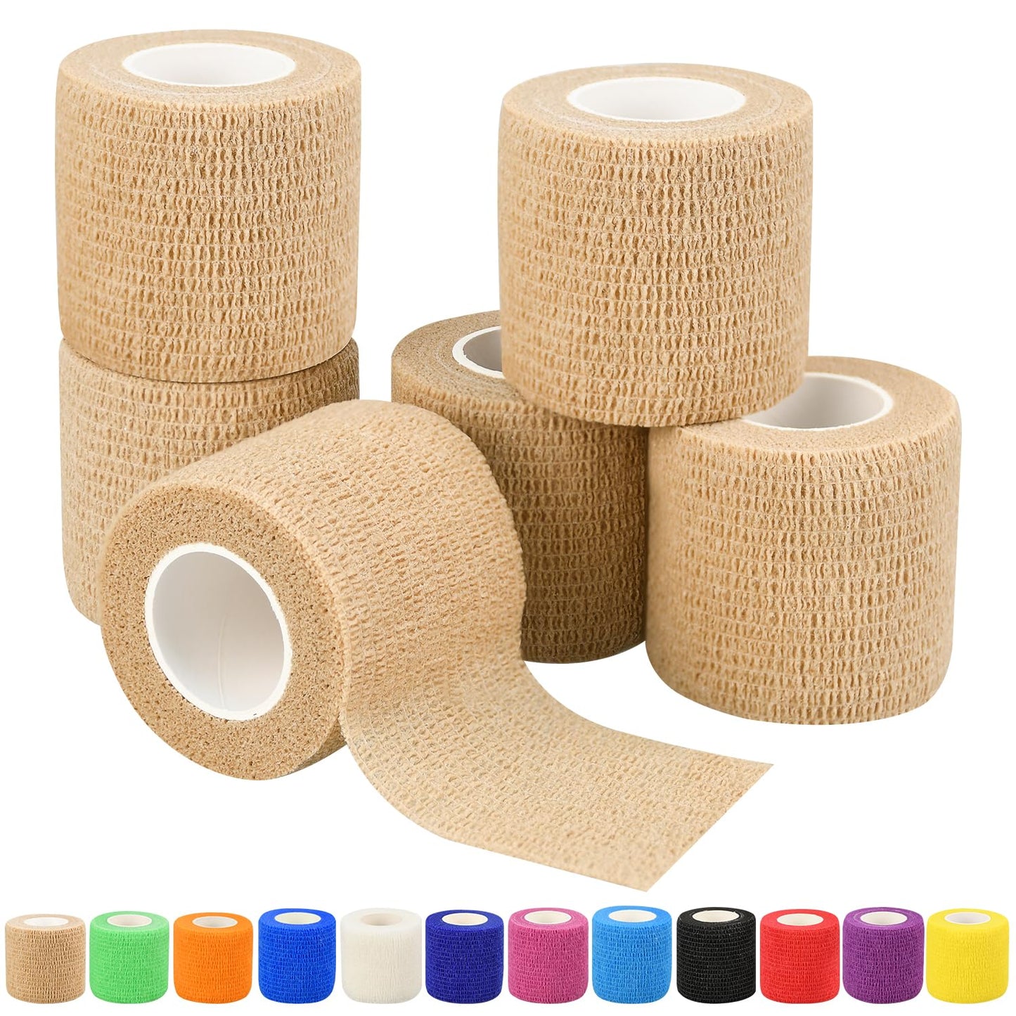 1"/2"/3"/4" Self Adhesive Bandage Wraps, 6pcs 5 Yard Breathable Elastic Wraps, Vet Wraps, 12 Colors to Choose, (2", Skin Color, 6pcs)