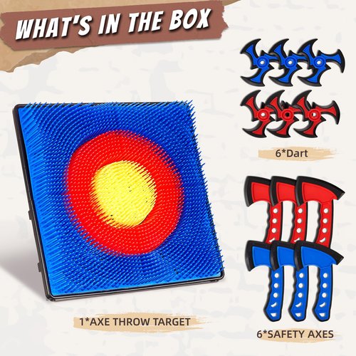 Axe Throwing Game for Backyard, Axe Throwing Target Set Games with 6 Throwing Axes & 6 Dart Bristle Target, Outdoor Indoor Yard Game for Youth Kids Activity Carnival Games for Age 3-12