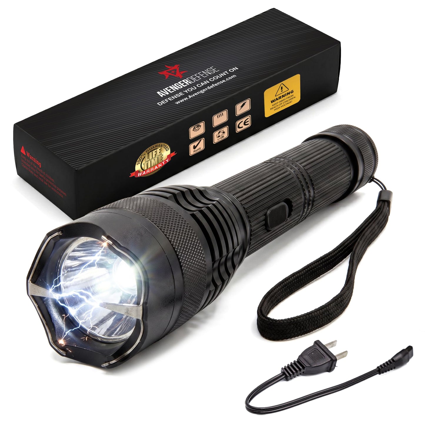 Avenger Defense 2-in-1 Stun Gun Flashlight - Rechargeable Self-defense Tool for Men & Women, Compact Shockwave Tactical Stun Gun with Flashlight, 9,000V, Multiple Light Modes, Holster & Charging Cable