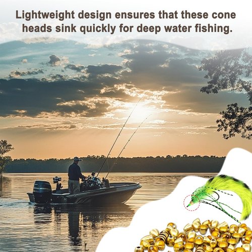 Wshxjzyay 40 Pack Gold Brass Cone Heads for Fly Tying, Copper Brass Cone Heads for Fly Tying Beads Material, Copper Tying Beads Sink Deeper 4 Sizes