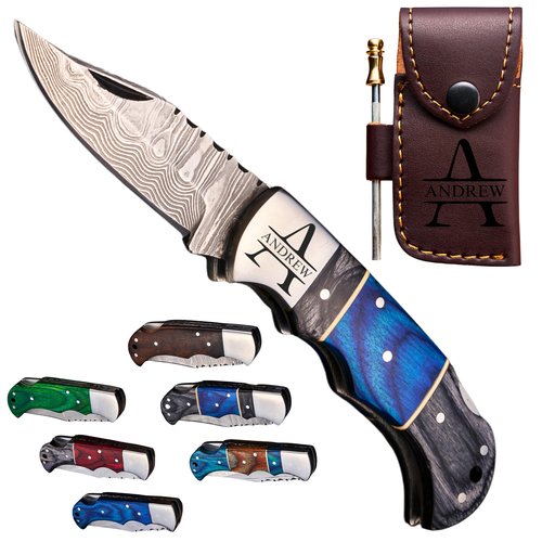 Personalized Handmade Damascus Pocket Knife - Hunting, Survival, Folding Knives for Men with Wood Handle for Outdoor Fishing Accessories, Anniversary, Boyfriend, Gifts for Men