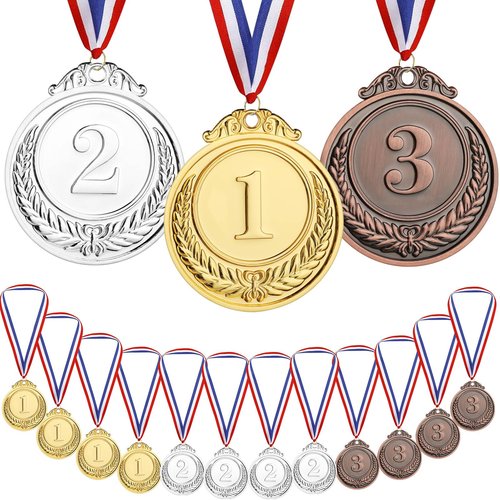 Geepen 12PCS Gold Silver Bronze Award Medals, Kids Reward Medal Winner Medals Gold Prizes Gold Medal with Neck Ribbons for Sports, Competitions