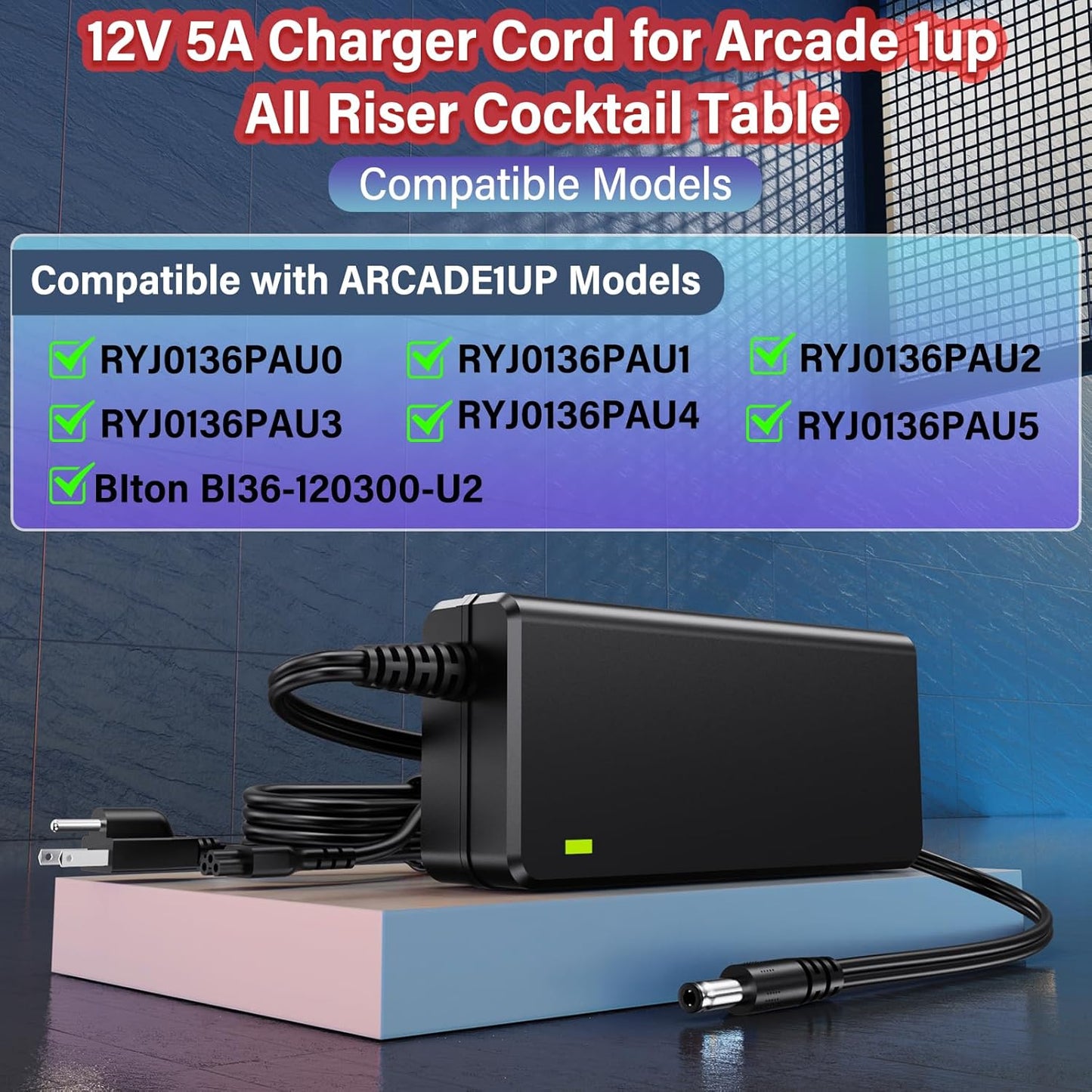 12V Charger for Arcade1up Power Cord AC Adapter Supply for ARCADE1UP Game Machine Arcade 1up All Riser Cocktail Table RYJ0136PAU0 RYJ0136PAU1 RYJ0136PAU2 RYJ0136PAU3 RYJ0136PAU4/5 BIton BI36-120300-U2