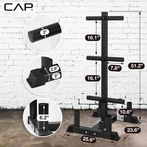 CAP Barbell Olympic Bumper Plate Tree Rack with 6 Weight Plate Posts and 4 Barbell Storage Holders – Heavy-Duty Steel Gym Organizer for Olympic Plates and Bars - Black
