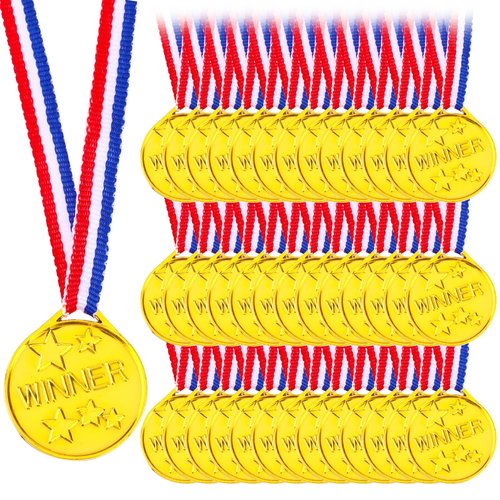 Aysatogc 40 Pcs Gold Medals for Kids, Gold Plastic Winner Award Medals with Ribbon Gymnastics Field Day Awards for Sports, Games, Competition, Students Rewards, Talent Show 1.4 x 1.7 Inches