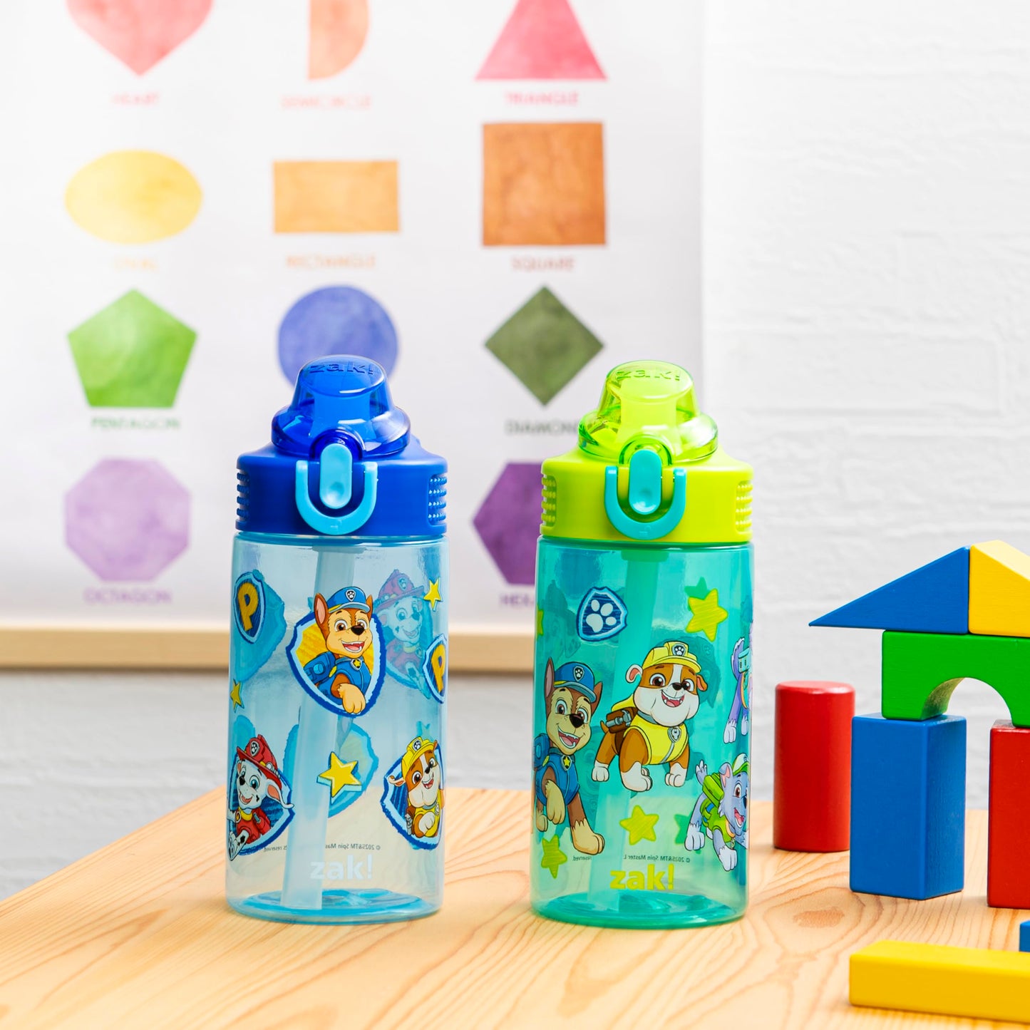 Zak Designs PAW Patrol Sage Kids Water Bottle For School or Travel, 16oz Durable Plastic Water Bottle With Straw, Handle, and Leak-Proof, Pop-Up Spout Cover, 2-Pack Set Chase & Friends