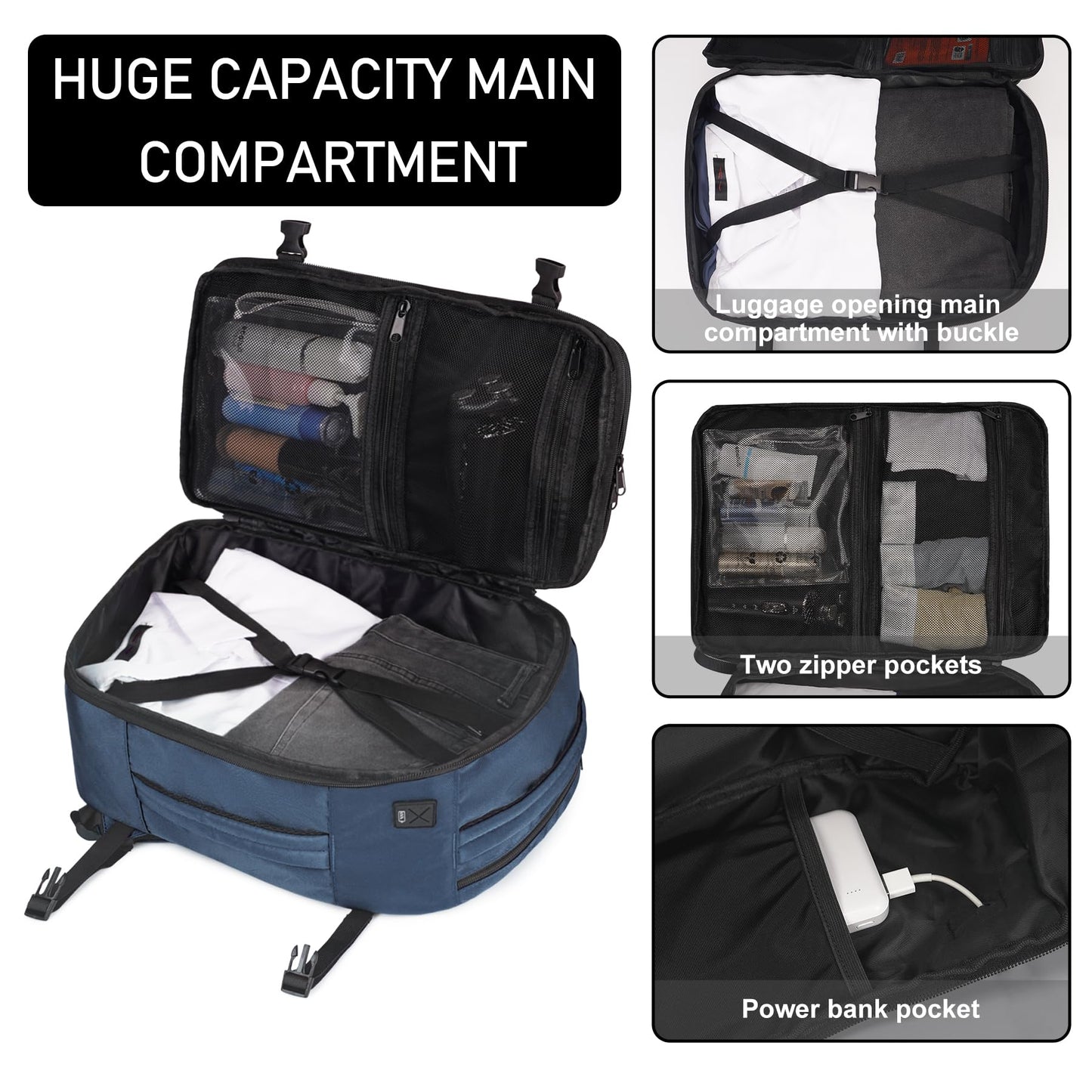 ECOHUB Travel Backpack 18x14x8 Spirit Airlines Personal Item Bag Carry On Backpack 13 Pockets Large Work Casual Daypack for men Airline Approved Waterproof Gym Backpack with Charging Port, Blue