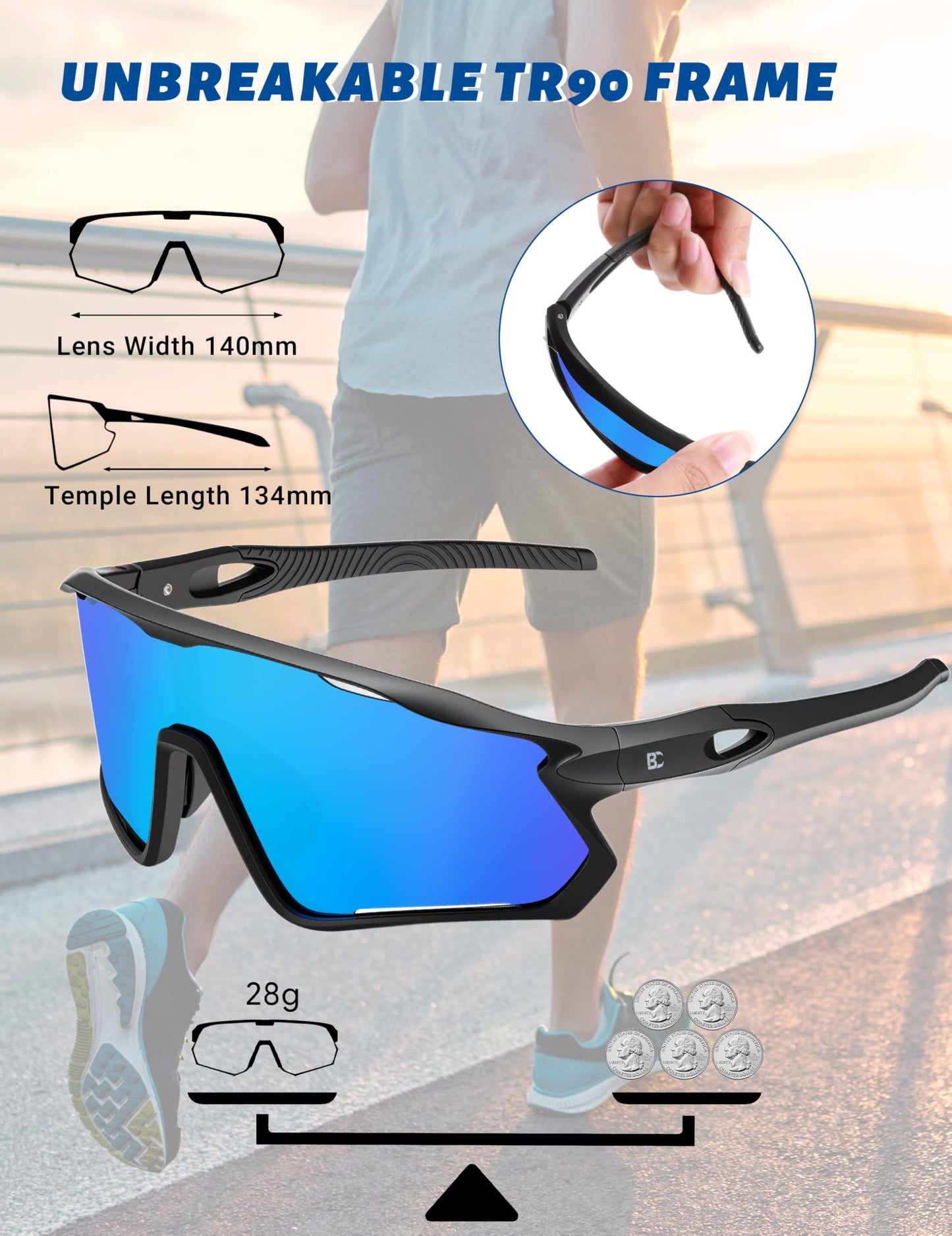 BIRCEN Polarized Baseball Running Sunglasses: TR90 Sports Cycling Glasses for Men Women UV400 Protection for Driving MTB Blue Lens